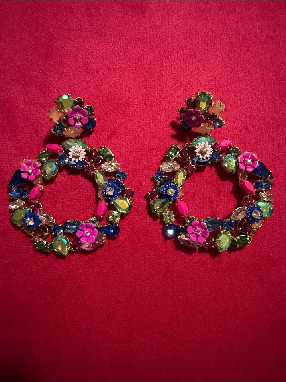 J. Crew Multicolor Floral Hoop Earrings with Pink, Blue, Green & Gold Accents